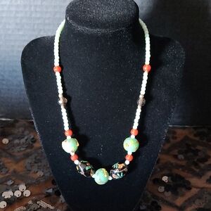 MURANO STYLE GLASS Beaded Necklace  Green and Red Accents